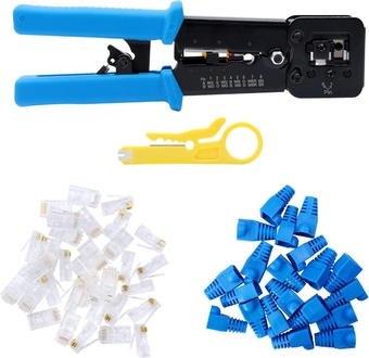 Pass Through Crimp Tool Kit,Knoweasy RJ45 Crimp Tool and Pass Through Crimper Tool Works for Ez/ RJ11/RJ12/RJ45 Include 50pcs Connectors and 50pcs Covers with Network Wire Stripper