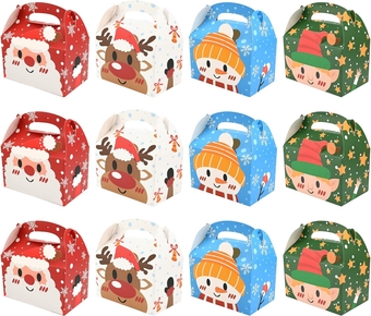 12 PCS Christmas Party Favor Box Packs: Gift Sweet Candy Boxes Christmas Kraft Paper, Christmas Cardboard Boxes with Reindeer, Snowman, Santa Claus for Cookies Candy Favor Gift
