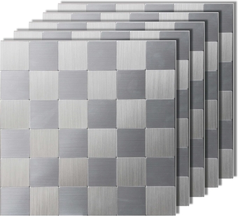 Colamo 5pack Peel and Stick Square Metal Mosaic 3D Backsplash Tile,12"x12" Sliver Aluminum Sticky Tile Sticker,Self-Adhesive Stainless Steel Stick On Wall Tiles for Kitchen Bathroom Accent Wall Decor