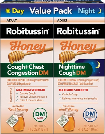 Honey DM Max Cough Plus Chest Congestion and  Maximum Strength Honey Nighttime Cough DM, Adult Formulas - 2 x 4 Fl Oz Bottles