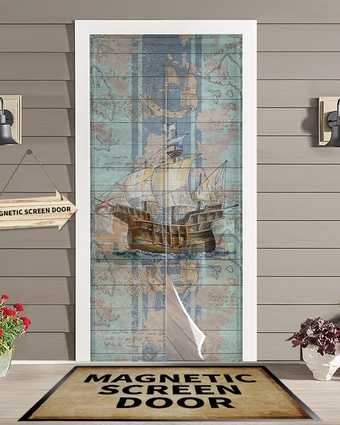 Hand-Paint Ocean Sailboat Screen Door Mesh, Magnetic Screen Door Heavy Duty Mesh Screen Curtain for Doorway Sliding Door Hands Free Door Screen 38"x83" Rustic Anchor Compass Watercolor Wooden