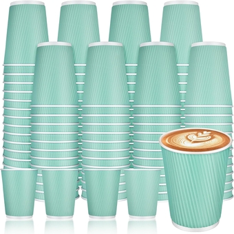 100 Pack 12 oz Disposable Coffee Cups Hot Paper Coffee Cups Kraft Ripple Wall Insulated Corrugated Sleeve Cups for Hot Beverage Cold Drink Coffee Tea Office Home Party Supply (Light Green)