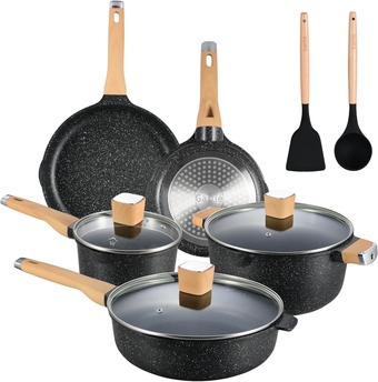 Garlie 10pcs Pots and Pans Set, Nonstick Black Granite Set, Cookware Sets Suitable for Gas, Electric, Induction, Kitchen Cooking Set with Frying Pans, Saucepans, Casserole, Dishwasher Safe