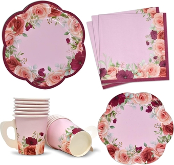 24 Disposable Tea Cups and Saucers Sets Floral Design 7" Flower Scallop Shaped Plates 24 5" Saucer Paper Plate 24 5 oz. Tea Cup with Handle 48 Lunch Napkins for Spring Wedding Supplies