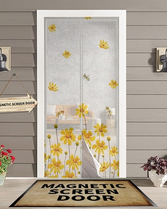 Yellow Floral Magnetic Screen Door for Sliding/Single/French Doors, Self Sealing Magnets Patio Door Screen Heavy Duty Mesh Curtain, Summer Spring Bee Rustic Chic Watercolor