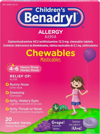 Children's Allergy Chewables with Diphenhydramine HCl, Antihistamine Chewable Tablets for Relief of Allergy Symptoms Like Sneezing, Itchy Eyes, & More, Grape Flavor