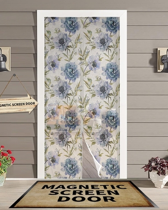 Elegant Flower Magnetic Screen Door for Sliding/Single/French Doors, Self Sealing Magnets Patio Door Screen Heavy Duty Mesh Curtain, Blue Rustic Vintage Farmhouse Floral