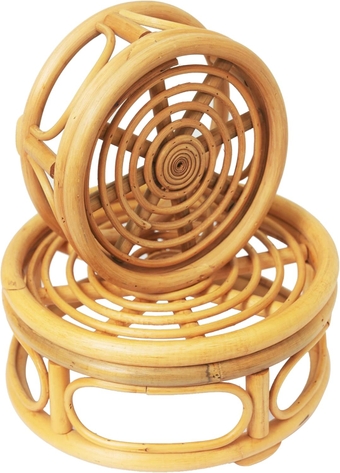 Set of 2 Boho Rattan Woven Round Riser Plant Stand Indoor, Mid Century Modern Plant Stand for Flower Pots, Natural Rattan Planter Base - Fits 8" to 12" Diameter, Modern Minimalist Pot Holder Stands