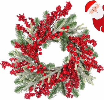 Christmas Wreath 20 Inch, Artificial Large Wreath with Berry Pine Branches and Pinecone Ornaments for Front Door Christmas Wreath Indoor Outdoor Outside Decorations - Green Red