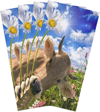 Hand Towels Pack of 4, Cattle in The Grass Kitchen Towels, Absorbent Quick Drying Microfiber Cleaning Cloth, 18x28Inch Dish Towels for Cleaning, Drying Dishes