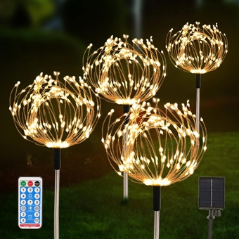 Solar Garden Lights Outdoor 4 Pack 480 LED Firework Landscape Path Lights Solar Powered Starburst Lights Waterproof 8 Lighting Modes with Remote Control for Patio Christmas Party Yard Decorative