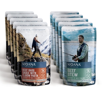 Moana Camping Food 10 Pack - Ready To Eat Meals No Refrigeration, 5 Beef Ragu Sauce w Elbow Pasta, 5 Beef Stew, Emergency Camp Backpacking Food, Backpacking Meals, Adventure Hiking Nutrient Survival