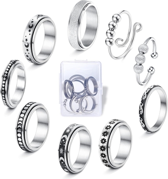9Pcs Fidget Rings for Anxiety for Women Men Stainless Steel Spinner Ring Set for Anti Anxiety Bead Moon Star Cool Stress Relieveing Wedding Promise Rings Size 5-12