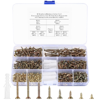 420 Piece M3 Wood Screw Assortment Kit, Flat Head Self Tapping Wood Screw Set, Cross Drive Round Countersunk Cabinet Screws Including 20 Plastic Anchors, Gold