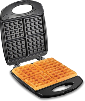 Non-Stick Belgian Waffle Maker with Indicator Lights, Makes 4 4" x 5" Mini Waffles, Hashbrowns or Keto Chaffles at Once, Compact Design for Easy Storage, Black & Stainless Steel (26020)