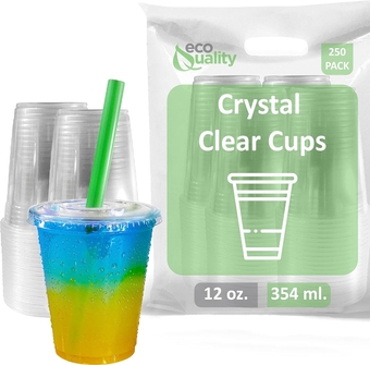 Clear Plastic Disposable Cups with Lids and Smoothie Straws 250 count - 12 oz (ounces) Clear PET Cup for Smoothies, Protein Shakes, Bubble Tea, Iced Coffee, Boba, Fresh Juice, Meal Prep, Party Cup