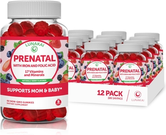 Prenatal Vitamins Gummies for Women with Iron and Folic Acid, Chewable Multivitamin Gummy Without Corn Syrup - 12 Pack