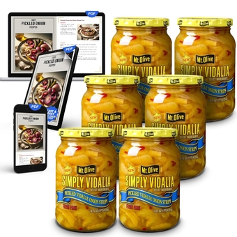 Mt. Olive Simply Vidalia Pickled Onion Strips 16 Oz (Pack of 6) - Pickled Sweet, Tangy Onions in Jar with Quick and Easy Recipes - Easy-to-Use Topping for Burgers, Hot Dogs, Sandwiches, or Salads