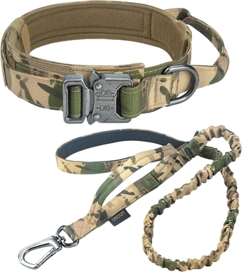 Tactical Dog Collar and Bungee Leashes Set, Military Camo Dog Collars and Leash with Handle, Adjustable K9 Collar with Heavy Duty Metal Buckle for Large Dogs