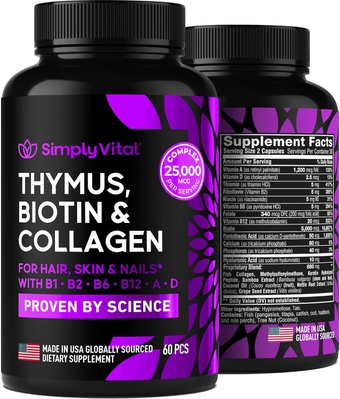 Thymus Extract, Biotin & Collagen Vitamins for Hair, Skin & Nails - Biotin 5000mcg - Supplement with Marine Collagen Peptides & B Complex - Supplement for Women & Men - Made in USA - 60 Caps