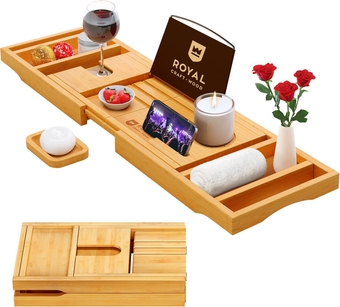 Premium Foldable Bathtub Tray - Expandable Bath Tray for Tub - Unique House Warming Bath Tub Tray Wood - Luxury Bathtub & Bathroom Accessories for New Home, Relaxing Spa, Women