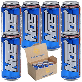 NOS High Performance Energy Drink | Energy Boost Drink with 200mg natural Caffeine, Fortified with Electrolytes, Vitamins B6 & B12, Taurine, Inositol, Guarana and L-Theanine | 16 Fl oz Pack of 6 | Each Order is Elegantly Packaged in a Signature  Branded Box!
