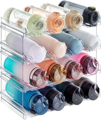 Stackable Water Bottle Organizer for Cabinet Fridge, Water Bottle Holder, Kitchen Pantry Organization and Storage, Plastic Wine Racks, Tumbler Travel Mug Cup Holder, 4Pack, Hold 16 Bottles