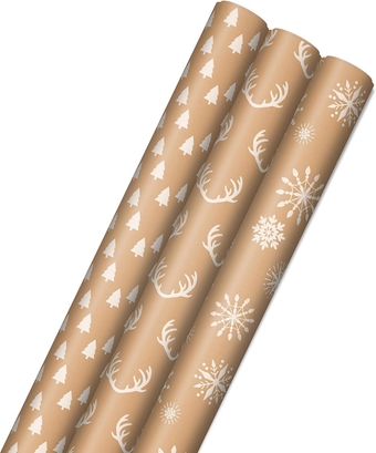 Recyclable Minimalist Kraft Wrapping Paper with Cut Lines (3 Rolls: 90 Sq. Ft. Ttl.) White Trees, Deer Antlers, Snowflakes on Brown Kraft for Winter Weddings, Birthdays