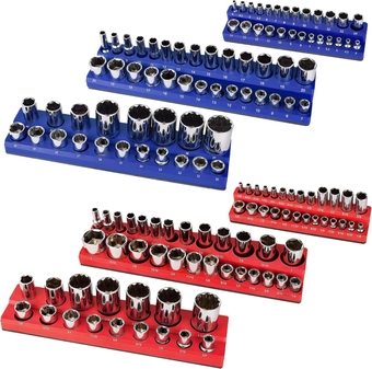 Magnetic Socket Organizer - 6 Piece Red SAE & Blue Metric Socket Holder Kit - 1/2-inch, 3/8-inch, 1/4-inch Drive - Holds 141 Sockets - Professional- Grade - Magnetic Socket Tray