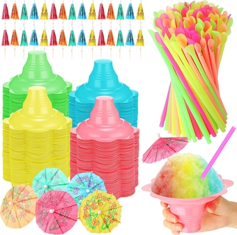 50 Sets Summer Snow Cone Cups and Spoon Straws with Paper Umbrellas Kit, Small Leakproof Reusable Plastic Cups for Shaved Ice Snack Ice Cream Bowls for Holiday Party, 4 oz