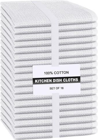 Linen Hub Set of 18 Kitchen Dish Cloths 100% Cotton 12x12 Absorbent Durable Washable, Dish Towels, Restaurant Cleaning Towels, Bar Mops Towels, Rags for Home Kitchen Bars, White