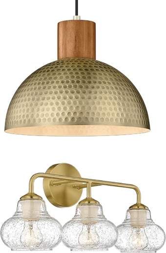 Bathroom 3-Light Vanity Light Fixture with Hand Blown Globe Bubble Glass Shade & Industrial Dome Hanging Lamp with Brass Hammered Metal for Island, Farmhouse, Sink, Dining Room, Hallway