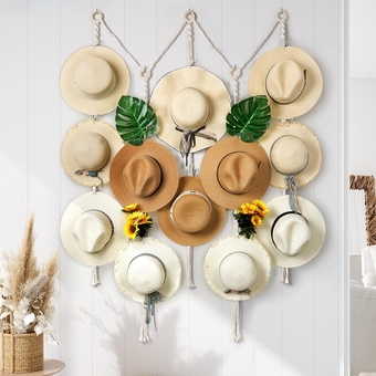 Hat Rack for Wall with 15 Clips Boho Women Hat Organizer with Adjustable W 10 to 48 in x L 53 in Macrame Hat Storage and Organization for Wide Brim Hat at Closet Bedroom White