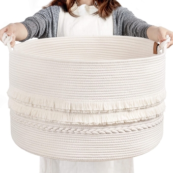 Large White Woven Storage Basket, Boho Decorative Basket for Home Decor, Towel basket for Bathroom, Bedroom, Living room, Baby Nursery Basket for Clothes, Toys, Blankets, 22 x 14 inches