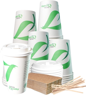 16 oz Compostable Paper Cups with White Dome Lids, Sleeves and Wooden Stirrers - Biodegradable Disposable White Paper Coffee Cups PLA Lined - Eco-friendly Hot and Cold Drinking Cups (300)