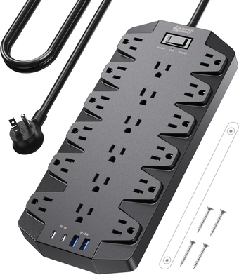 Surge Protector Power Strip,  18 AC Outlets with 2 USB C and 2 USB A Ports, 1875W/15A, 2100J, 6.5FT Flat Plug Heavy Duty Extension Cord with Wall Mount Holes for Home, Office, Dorm, Black