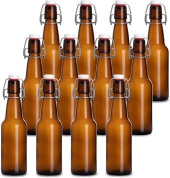 12oz Flip Top Amber Glass Beer Bottles for Home Brewing - Set of 12 with Flip Caps for Beer and Wine Bottling - Family Owned American Business