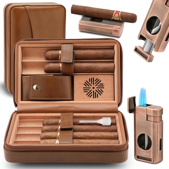 Cigar Humidor, Leather Cedar Wood Cigar Case with Cigar Lighter, V Cut Cigar Cutter, Cigar Holder 3 in 1, Portable Travel Cigar Humidor Box with Humidifier (Brown)
