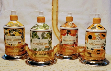 Elevate Your Daily Routine with our 4-Pack of Invigorating 21.5 oz. Hand Soaps. Experience Luxury in Every Wash with Reusable Bottles and Bamboo-Like Pumps, featuring Scents: Eucalyptus Mint, Sweet Orange, Sunflower Citrus, and Lemon Verbena | Ultimate Gift Set