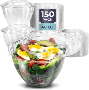 150 Pack 48 oz Clear Plastic Salad Bowls with Airtight Lids, Disposable To Go Salad Containers for Lunch, , Party, BPA Free Clear Bowl for Acai, Green Salad, Fruits, Nuts