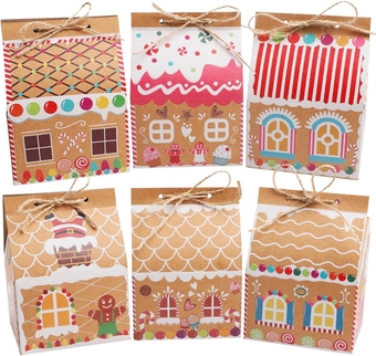 24 Pcs Christmas Kraft Paper Gift Boxes, Xmas Candy House Style Goodies Treat Bags for Christmas Party Favor