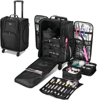 Rolling Makeup Train Case Soft Sided Makeup Storage Cosmetic Organizer Carry on Travel Trolley Suitcase with Heat Isolation Side Pocket 6 Removable Bag for Makeup Artist Hairstylist, Black