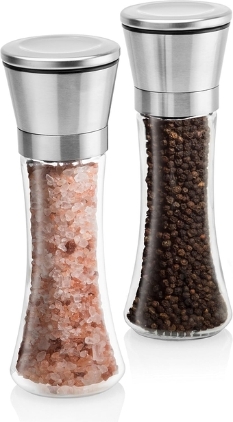 Salt and Pepper Grinder Set | Stainless Steel Shakers and Mills, Glass Body (6 Oz), 5 Adjustable Grade Modes By