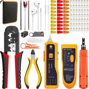 TAIWAIN RJ45 Crimp Tool Kit Cat5 Cat5e Cat6 RJ45 Crimper Set Network Lan Wire Crimping Tool with 50pcs Connectors&Covers, Cable Tester Wire Punch Down Stripper Ethernet Cutter(Orange)