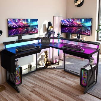 Gaming L Shaped Computer Desk, Bright Black