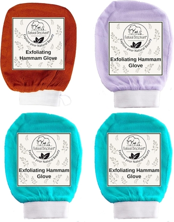 Exfoliating Kessa Glove - Face and Body Exfoliator Hammam Mitt (2 Teal, Orange and Lilac (Pack of 4))