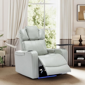 Lift-Chairs PU Leather Power Recliner-Home Theater Individual Seat with Cooling Cup Holder, Bluetooth Speaker, LED Lights, USB Ports, Tray Table, Arm Storage, Living Room, Grey