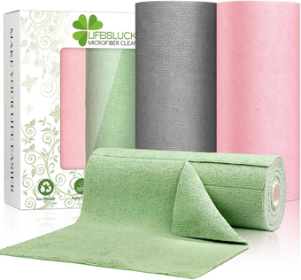 3 Colors Microfiber Cleaning Cloth Roll, 84 Pack Tear Away Towels Rags Cleaning Cloths Reusable Paper Roll Washable Microfiber Towels for Car House Drying Dishes Kitchen Garage