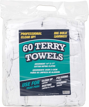 TT60 White Terry Mop Towels Bulk - (Pack of 60) Absorbent and Quick Drying Cotton Cleaning Rags for Kitchen, Auto Shops, and Bar, 14 x 17 in, White