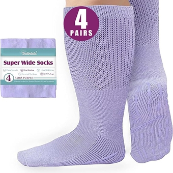 Extra Width Socks for Swollen Feet-4 Pairs Diabetic Wide Socks for Men, Extra Width Hospital Socks Non Slip Diabetic Edema Socks Women,Cast Socks Lymphedema Socks-4 Purple